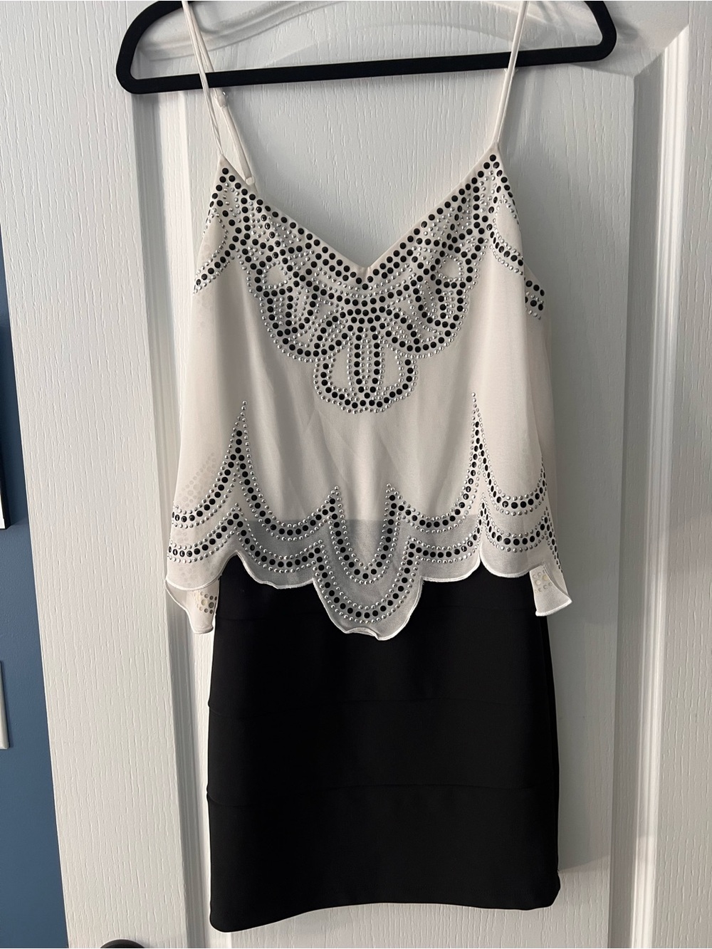 White Scallop-Hem Embellished Spaghetti Strap Dress